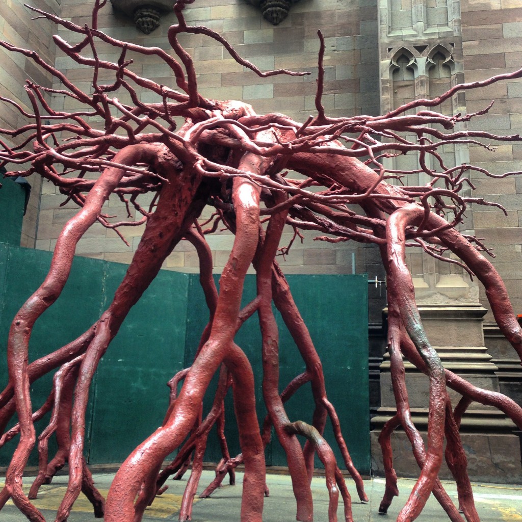 bronze root sculpture from a tree blown over on 9/11